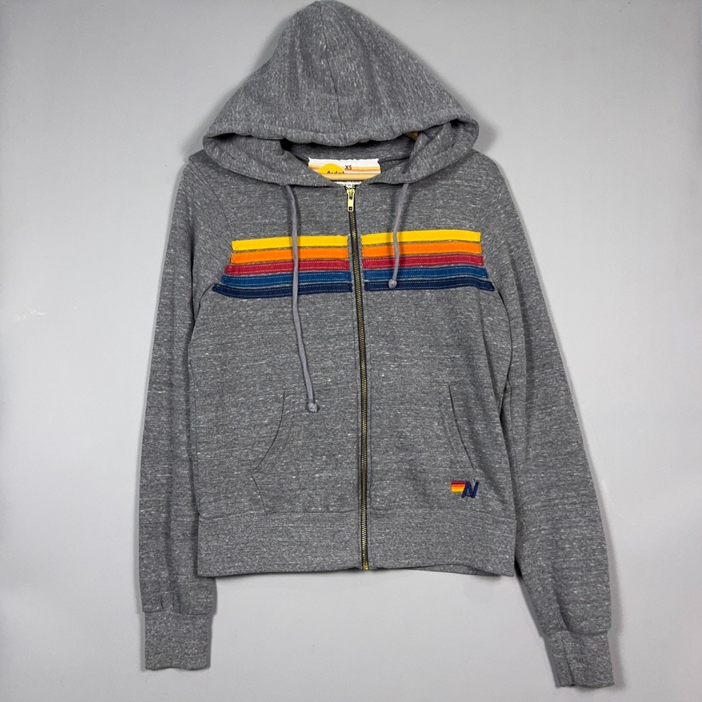Aviator Nation 5 Stripe Hoodie Womens Size XS Gray Rainbow Surf Retro Charcoal